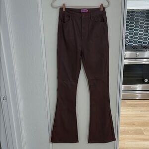 Edikted Luna Faux Leather Flare Pants in Chocolate Brown | L